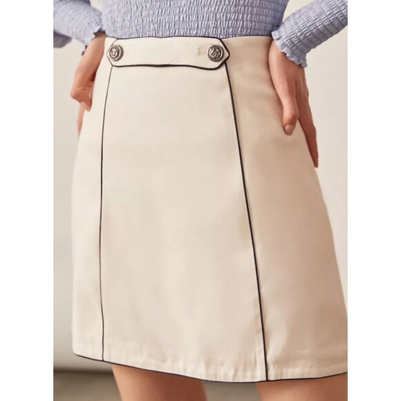 Maeve Womens Structured Mini Skirt Cream with Navy Piping Nautical Size 4 Linen - Picture 3 of 11